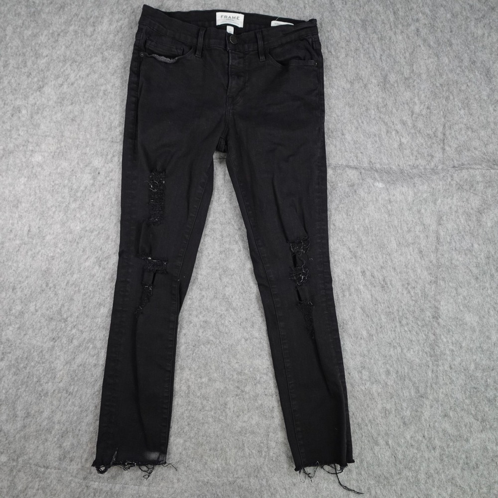 Frame Jeans Women 27 Black Le Skinny de Jeanne Distressed Raw Hem Noir